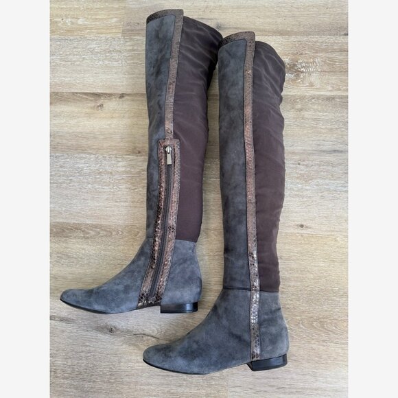 Vince Camuto Filtra Over The Knee Boots Size 6 Gray Suede Bronze Snake Trim - Picture 8 of 11
